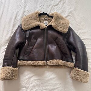 Zara Brown Teddy Jacket with Cream Accents
